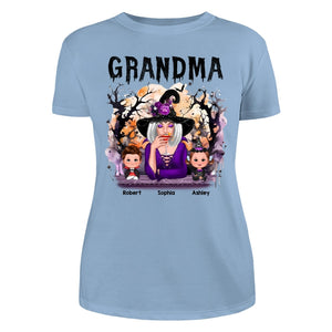 Halloween Orange Purple Dripping Grandma Grandkids Personalized Shirt - Women Tee Light Blue