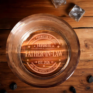 Promoted To Favorite Father In Law Golden Badge Seal - Personalized Engraved Whiskey Glass - FALA003_EWG