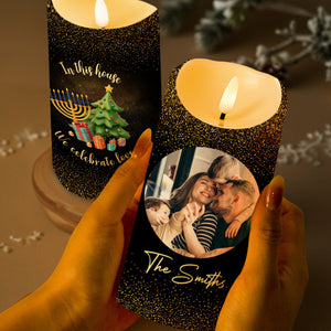 In This House We Celebrate Love With Menorah And Christmas Tree - Personalized Custom LED Candle - FAM150_LECA