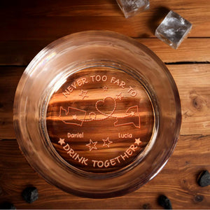 Never Too Far To Drink Together, States, Heart, Connecting Line, Stars - Personalized Engraved Whiskey Glass - FAM310_EWG