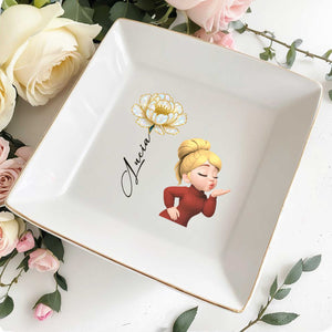 Square Ceramic Dish With Flower And Girl Blowing A Kiss - Personalized Custom Jewelry Dish, Square Ceramic Dish - FAM654_SCRD