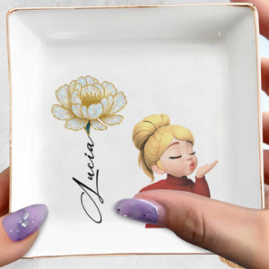 Square Ceramic Dish With Flower And Girl Blowing A Kiss - Personalized Custom Jewelry Dish, Square Ceramic Dish - FAM654_SCRD