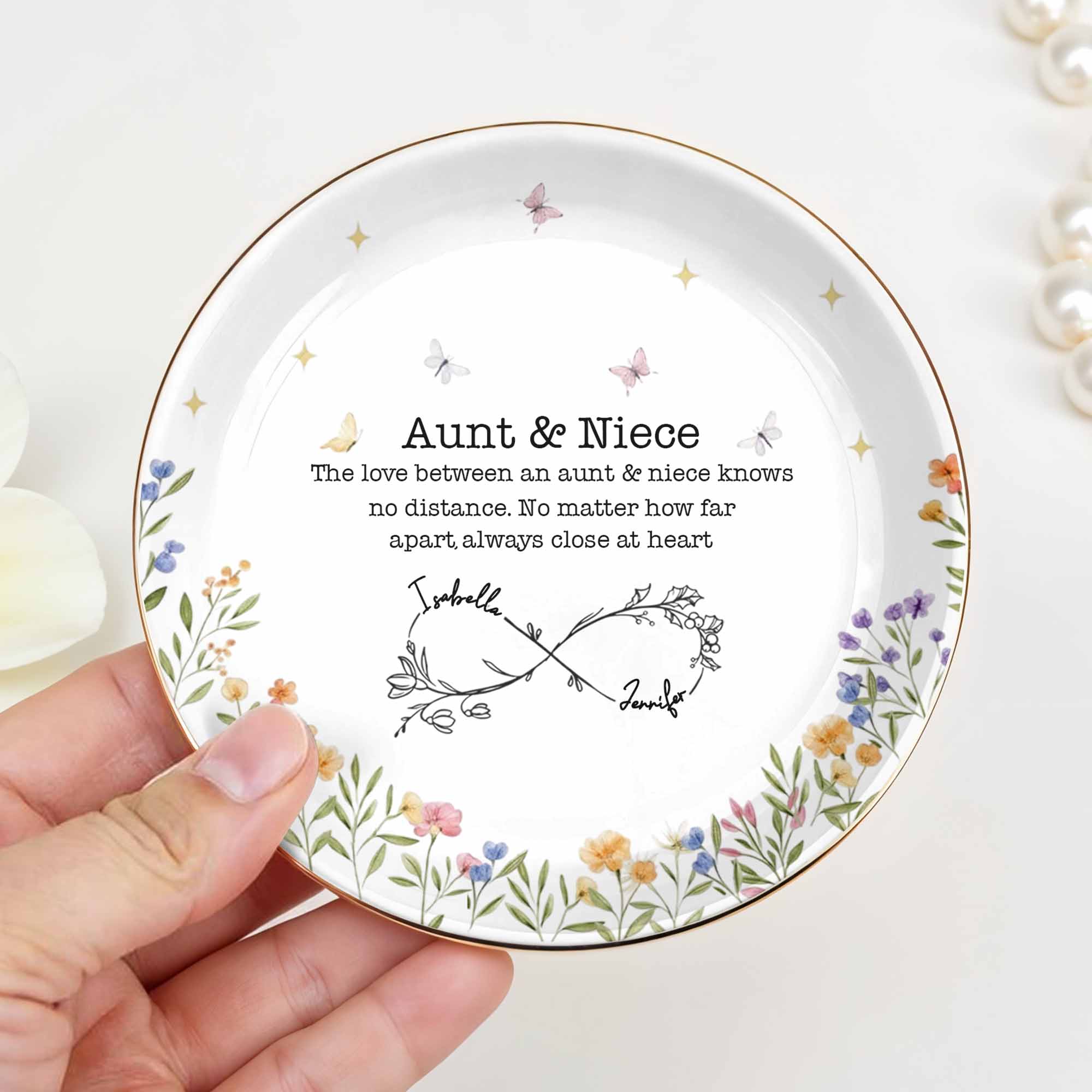 Love Between Aunt & Niece, Floral And Butterfly Design - Personalized Custom Jewelry Dish, Ceramic Dish, Round Shape - FAM744_RCRF