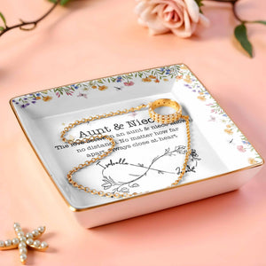 Aunt & Niece Love Knows No Distance, Flowers And Butterflies - Personalized Custom Jewelry Dish, Ceramic Dish, Square Shape - FAM744_SCRF
