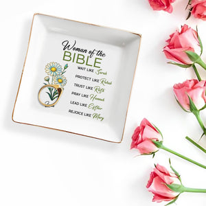 Woman of The Bible, Wait, Protect, Trust, Pray, Lead, Rejoice, Flowers - Personalized Custom Jewelry Dish, Square Ceramic Dish - FAM745_SCRD