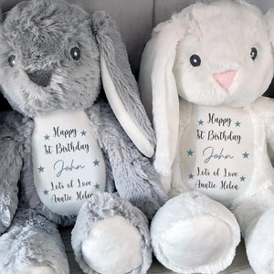 Happy 1st Birthday, Lots Of Love, Stuffed Bunny With Stars - Personalized Stuffed Bunny - FAM771_BUN