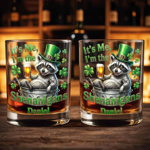 It's Me, I'm The Shenanigans Raccoon Leprechaun Hat Clovers - Personalized Custom Whiskey Glass - FAM801_RWG
