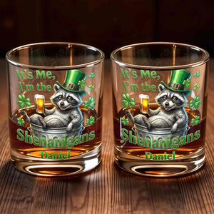 It's Me, I'm The Shenanigans Raccoon Leprechaun Hat Clovers - Personalized Custom Whiskey Glass - FAM801_RWG