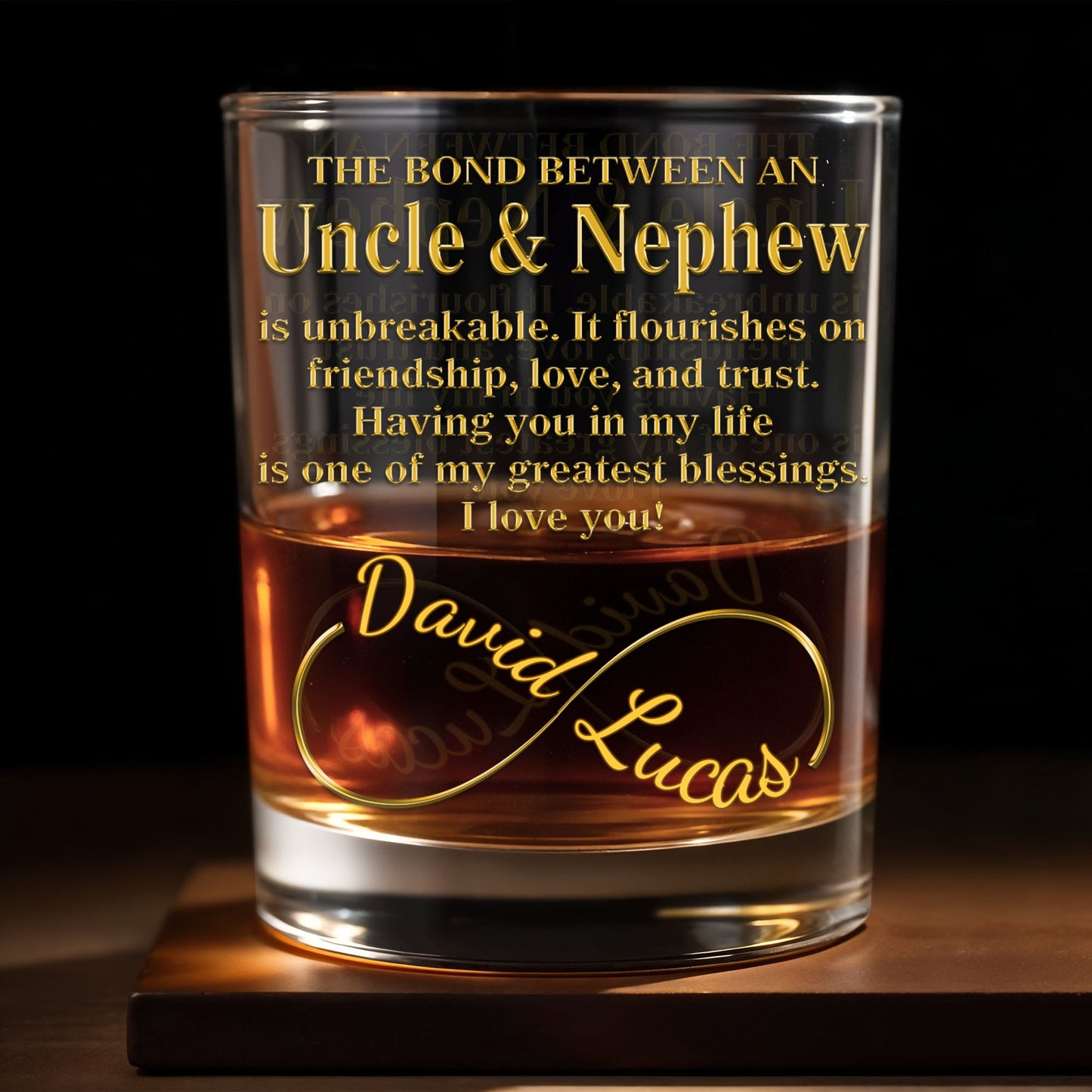 The Bond Between An Uncle And Nephew Infinity Ring Golden Text - Personalized Custom Whiskey Glass - FAM831_RWG
