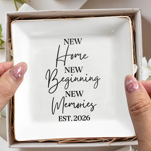 New Home New Beginning New Memories Est Custom Gold Trim Dish - Personalized Custom Jewelry Dish, Square Ceramic Dish - FAM881_SCRD