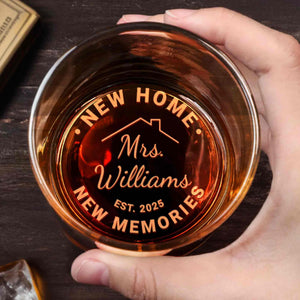 New Home New Memories House Outline Custom Name And Est - Personalized Engraved Whiskey Glass - FAM972_EWG