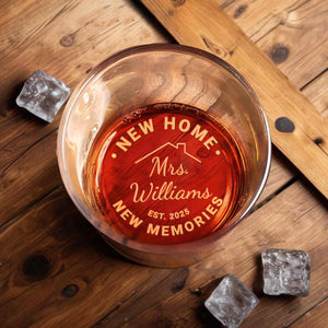 New Home New Memories House Outline Custom Name And Est - Personalized Engraved Whiskey Glass - FAM972_EWG