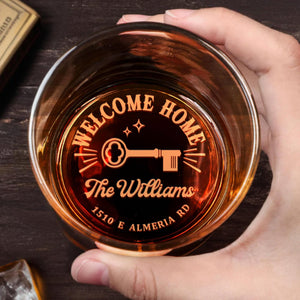 Welcome Home Key Custom Family Name And Address - Personalized Engraved Whiskey Glass - FAM973_EWG