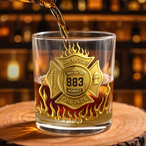Los Angeles Firefighter, Fire Dept Badge With Flames - Personalized Custom Whiskey Glass - FIF014_RWG