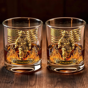 Celebrate Our Heroes, Brave Firefighter And American Flag - Personalized Custom Whiskey Glass - FIF045_RWG