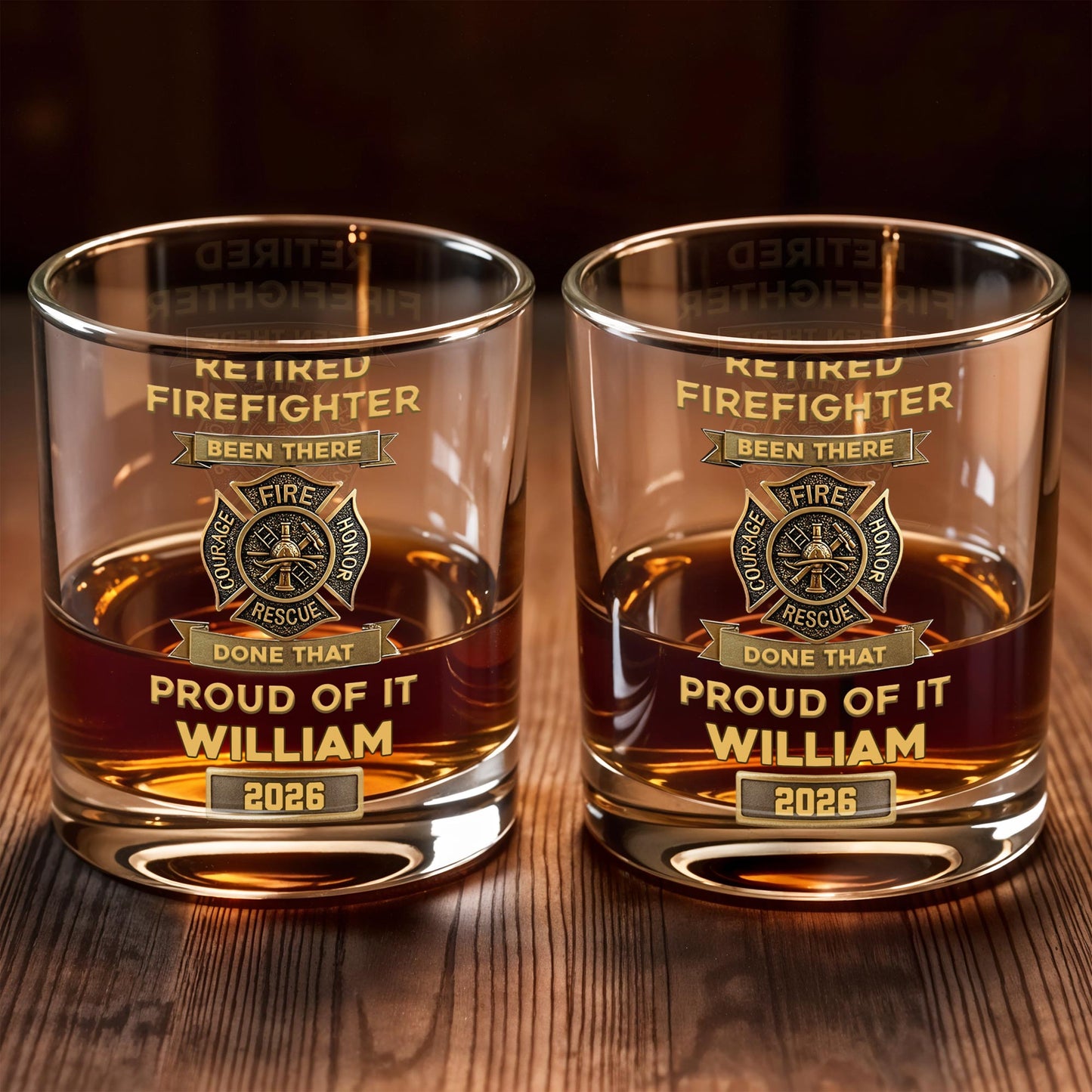 Retired Firefighter Courage Fire Honor Rescue Badge - Personalized Custom Whiskey Glass - FIF046_RWG
