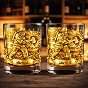 A Hero In Action Serving With Courage Firefighter And American Flag - Personalized Custom Whiskey Glass - FIF060_RWG