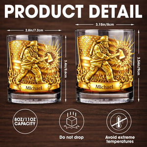 A Hero In Action Serving With Courage Firefighter And American Flag - Personalized Custom Whiskey Glass - FIF060_RWG