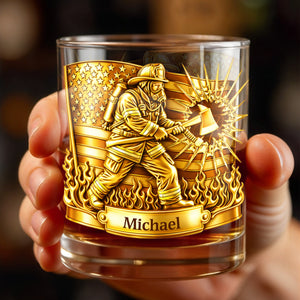 A Hero In Action Serving With Courage Firefighter And American Flag - Personalized Custom Whiskey Glass - FIF060_RWG