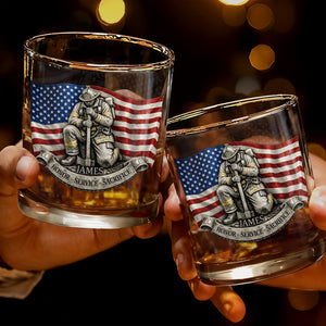 Honor Service Sacrifice Firefighter With American Flag And Axe - Personalized Custom Whiskey Glass - FIF095_RWG
