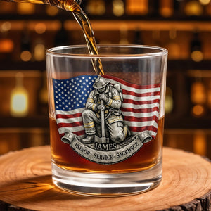 Honor Service Sacrifice Firefighter With American Flag And Axe - Personalized Custom Whiskey Glass - FIF095_RWG