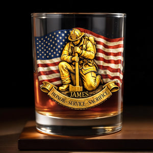 Honor Service Sacrifice Firefighter And American Flag - Personalized Custom Whiskey Glass - FIF096_RWG
