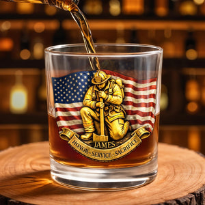 Honor Service Sacrifice Firefighter And American Flag - Personalized Custom Whiskey Glass - FIF096_RWG