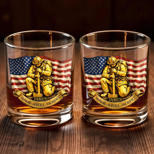 Honor Service Sacrifice Firefighter And American Flag - Personalized Custom Whiskey Glass - FIF096_RWG