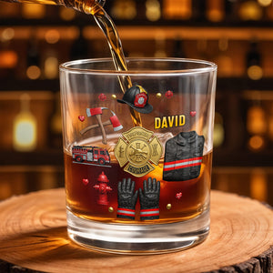 Firefighter Courage With 3D Golden Badge And Firefighter Gear Symbols - Personalized Custom Whiskey Glass - FIF106_RWG