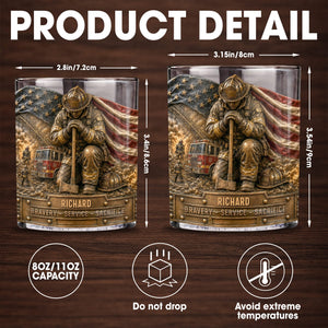 Bravery Service Sacrifice Firefighter With American Flag And Axe - Personalized Custom Whiskey Glass - FIF107_RWG