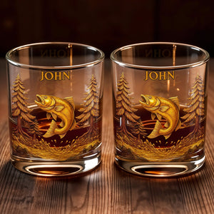 The Spirit Of Nature And Adventure, Tree And Fish Design - Personalized Custom Whiskey Glass - FISH017_RWG
