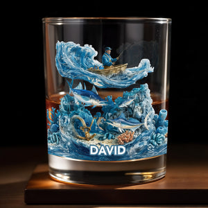 Peaceful Day On The Water Fishing Fisherman And Ocean Waves - Personalized Custom Whiskey Glass - FISH031_RWG