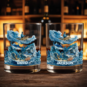 Peaceful Day On The Water Fishing Fisherman And Ocean Waves - Personalized Custom Whiskey Glass - FISH031_RWG