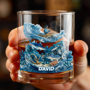 Peaceful Day On The Water Fishing Fisherman And Ocean Waves - Personalized Custom Whiskey Glass - FISH031_RWG