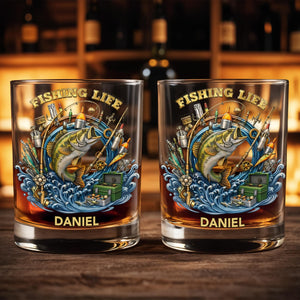 Fishing Life With Jumping Bass And Fishing Gear 3D Effect - Personalized Custom Whiskey Glass - FISH042_RWG