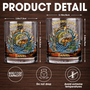 Fishing Life With Jumping Bass And Fishing Gear 3D Effect - Personalized Custom Whiskey Glass - FISH042_RWG
