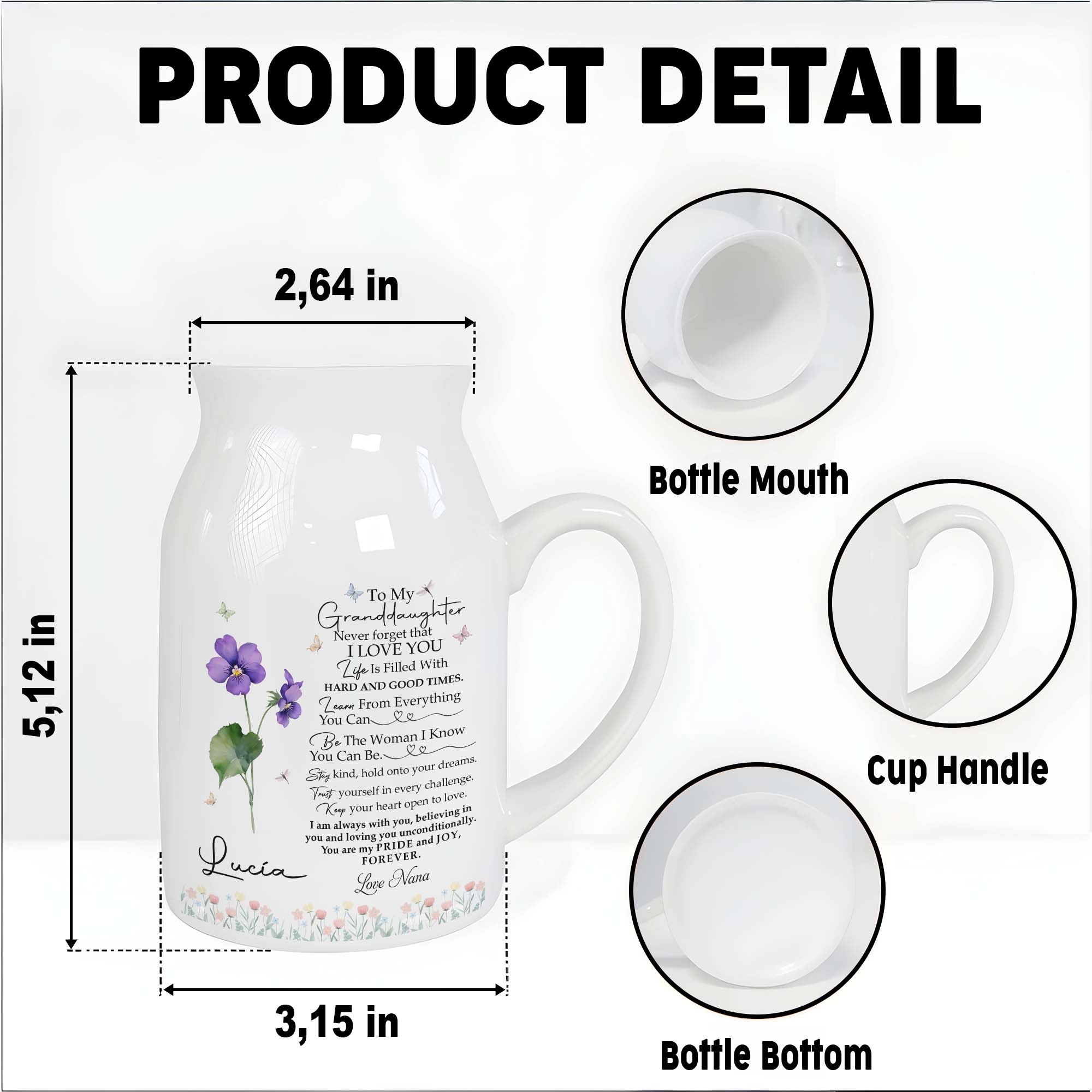 To My Granddaughter, Pride And Joy With Flowers And Hearts - Personalized Ceramic Flower Vase