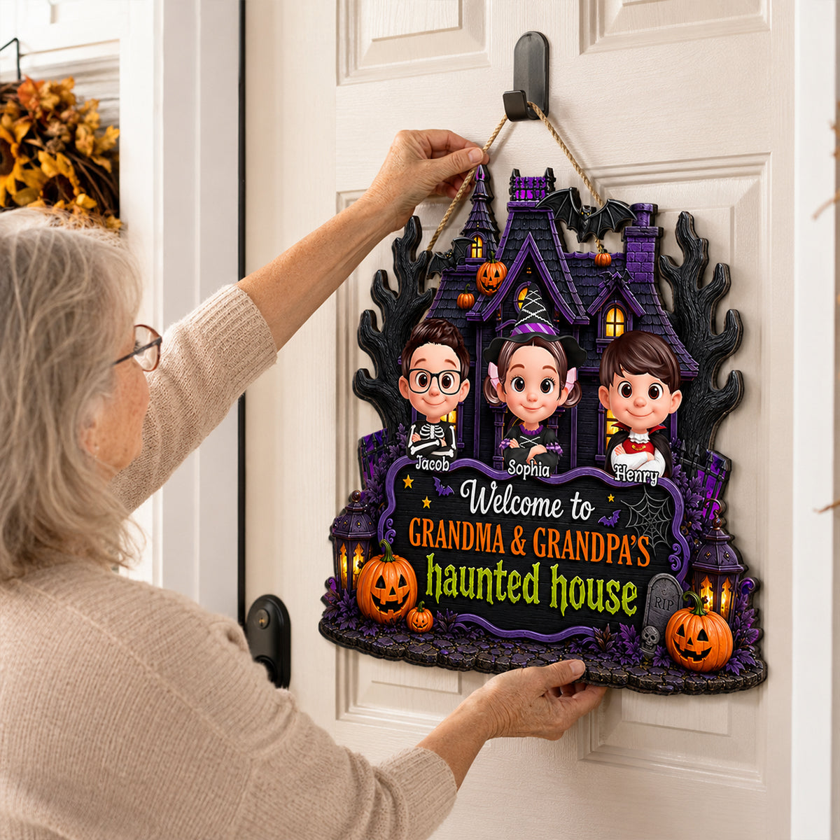 Halloween Vibe Welcome To Grandma Grandpa's House - Personalized Door Hanger Sign - Gift For Grandma, Grandpa