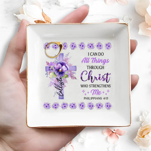 I Can Do All Things Through Christ Floral Cross Jewelry Dish - Personalized Custom Jewelry Dish - FTH033_SCRD