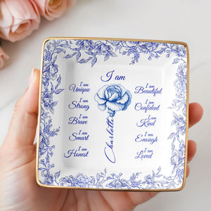 I Am Beautiful, Confident and Loved, Floral Ceramic Dish - Personalized Custom Jewelry Dish, Ceramic Dish, Square Shape - FTH111_SCRF