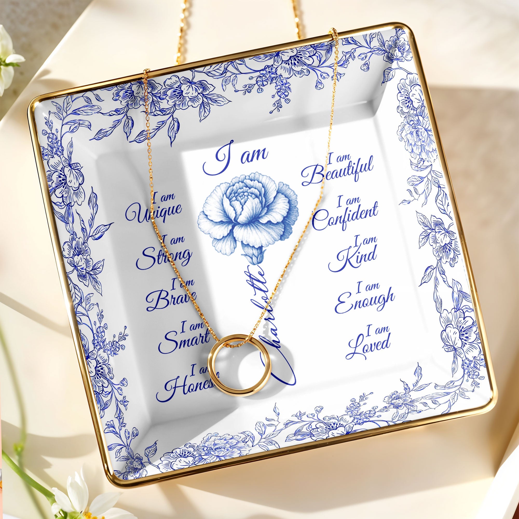 I Am Beautiful, Confident and Loved, Floral Ceramic Dish - Personalized Custom Jewelry Dish, Ceramic Dish, Square Shape - FTH111_SCRF