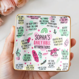Sophia's Daily Bible Affirmations, Crosses And Hearts - Personalized Custom Jewelry Dish, Ceramic Dish, Square Shape - FTH115_SCRF