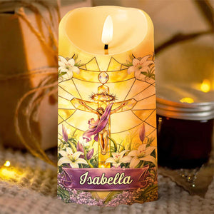 He Is Risen Stained Glass Jesus With White Lilies Flowers - Personalized Custom LED Candle - FTH140_LECA