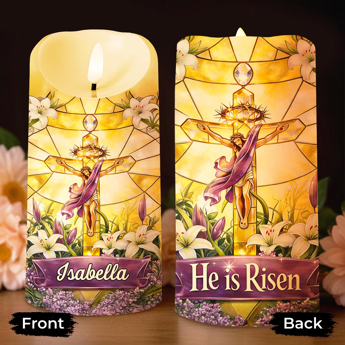 He Is Risen Stained Glass Jesus With White Lilies Flowers - Personalized Custom LED Candle - FTH140_LECA