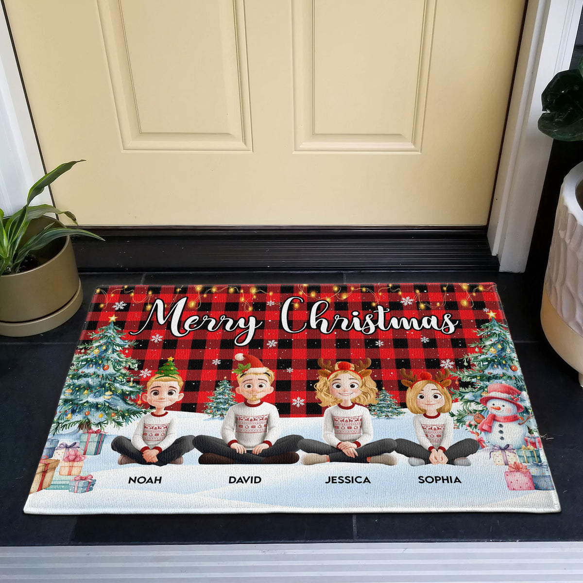 Family Sitting Festive Our Christmas Together - Personalized Doormat - Christmas Gift For Family
