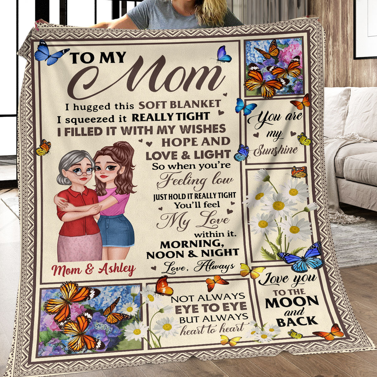 Feel My Love Within Hugging Cartoon Mom Daughter Flower Butterfly Personalized Fleece Blanket - Gift For Mom, Daughter