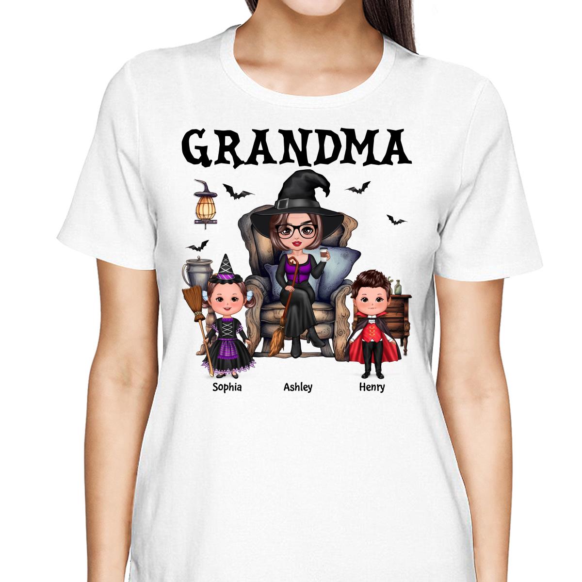 Grandma Witch Sitting On Chair with Kids personalized shirt