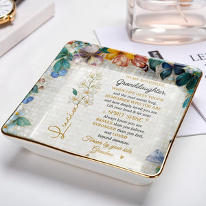 To My Beautiful Granddaughter, Flowers And Butterflies - Personalized Custom Jewelry Dish, Ceramic Dish, Square Shape - GDT102_SCRF