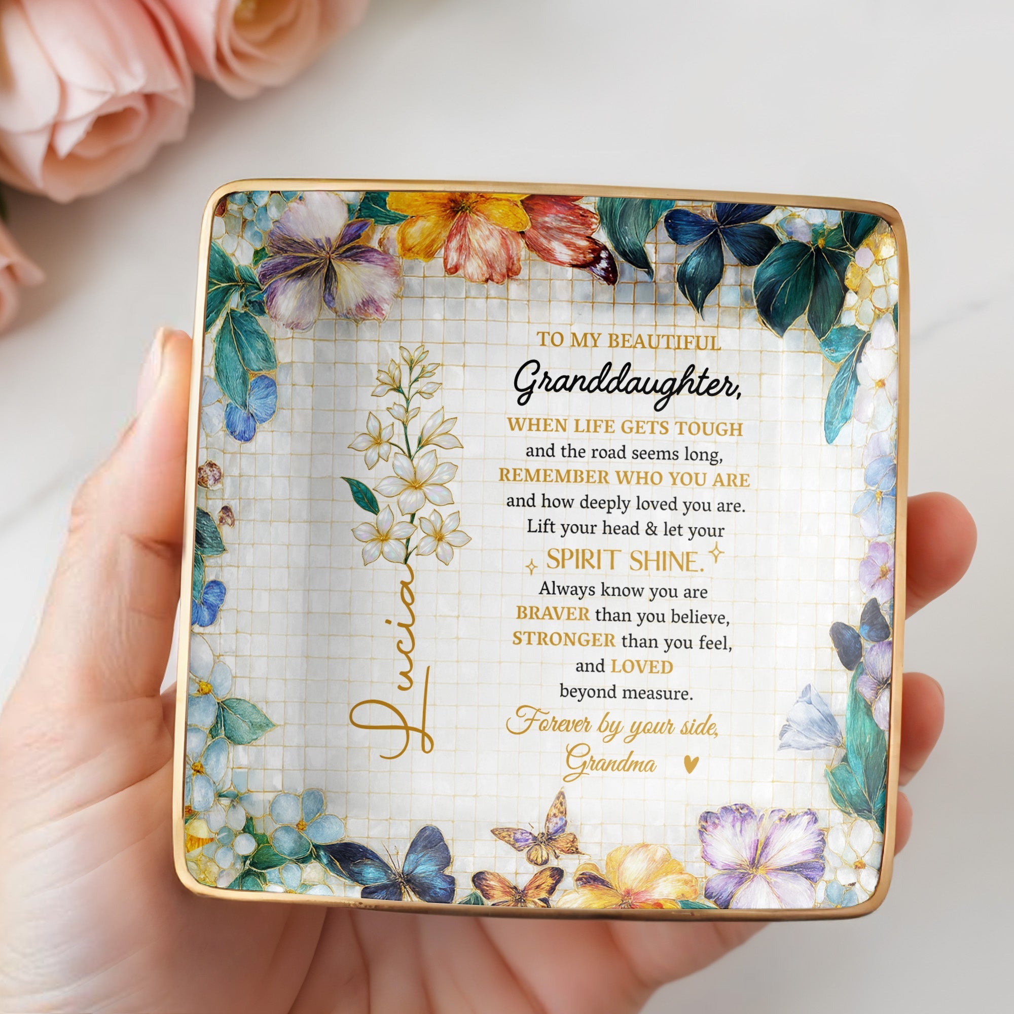To My Beautiful Granddaughter, Flowers And Butterflies - Personalized Custom Jewelry Dish, Ceramic Dish, Square Shape - GDT102_SCRF