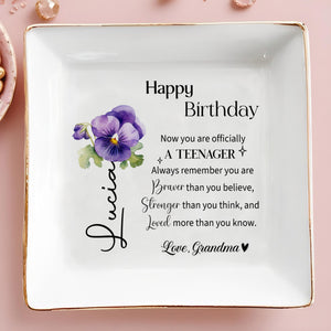 Happy Birthday Teenager Inspirational Quote with Violets - Personalized Custom Jewelry Dish - GDT172_SCRD